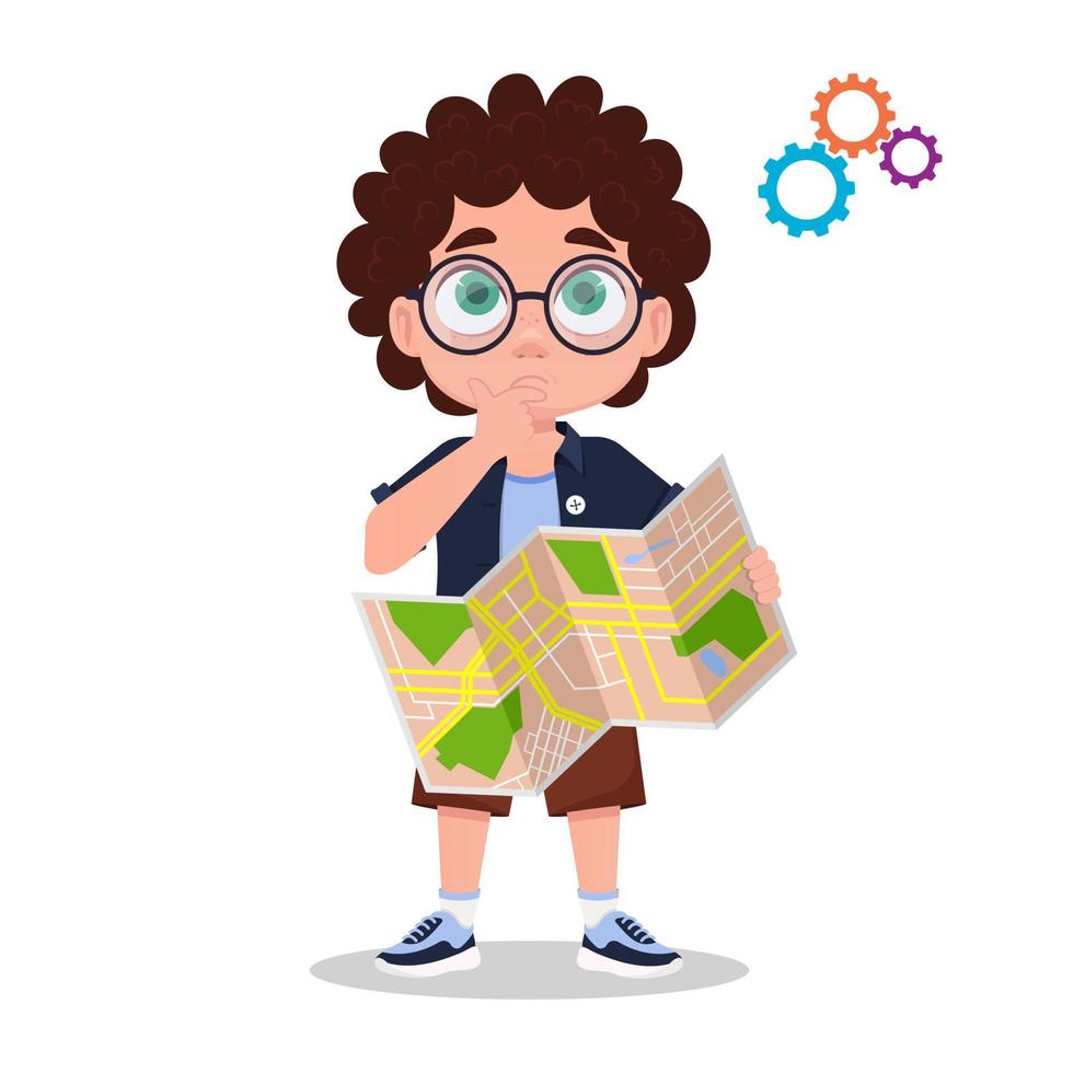 Cute boy holding a map. Vector illustration