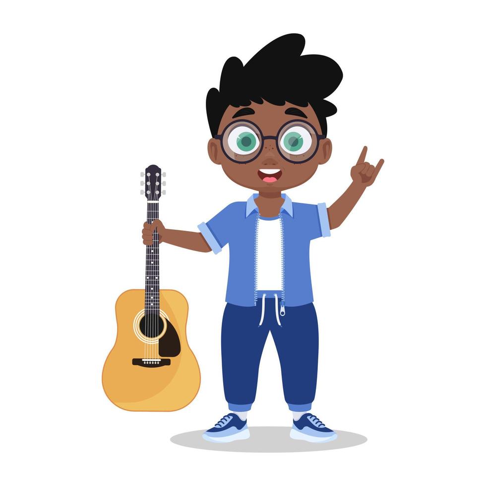 Child with guitar showing rock gesture vector