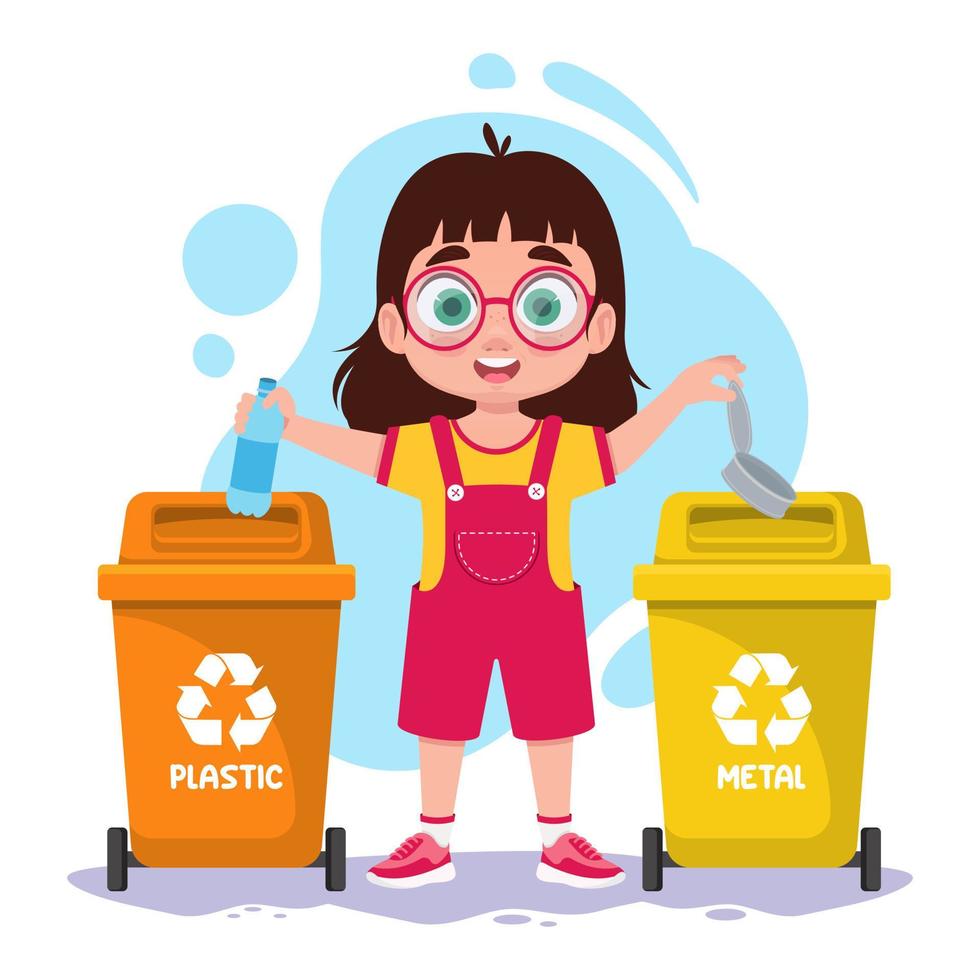 The child sorts garbage, plastic and metal vector