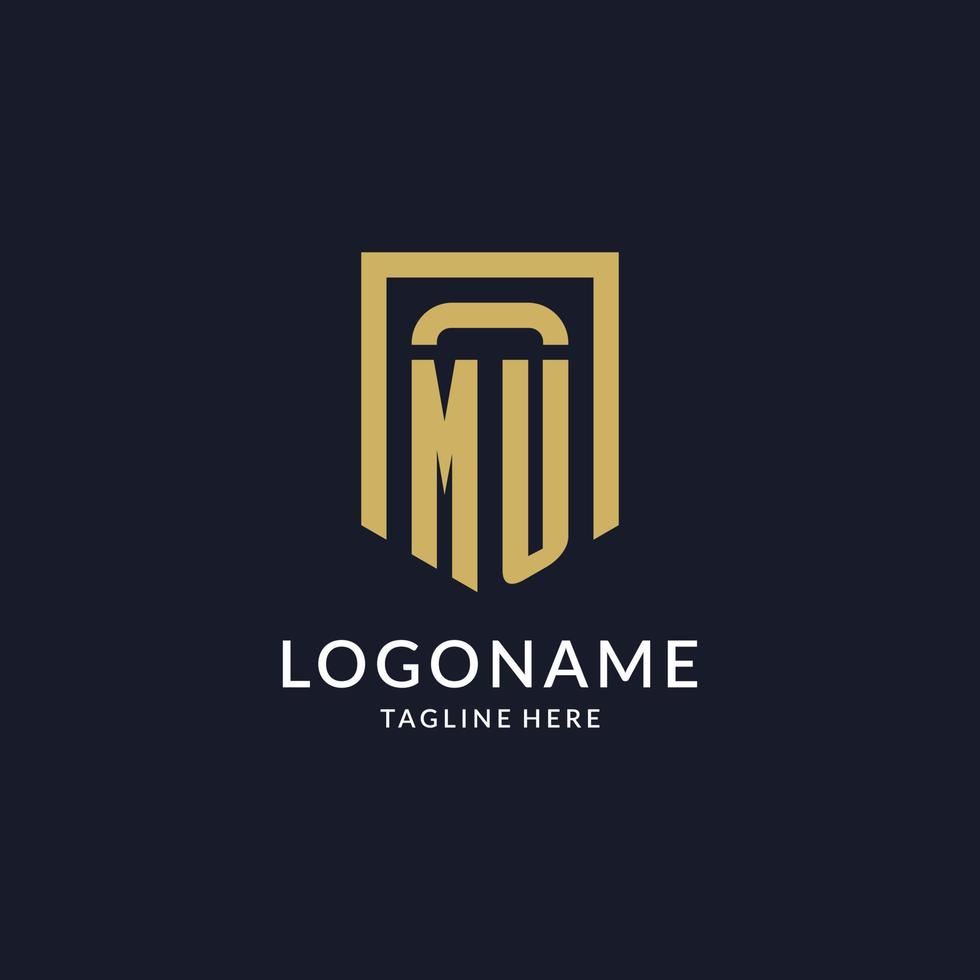 MU logo initial with geometric shield shape design style vector