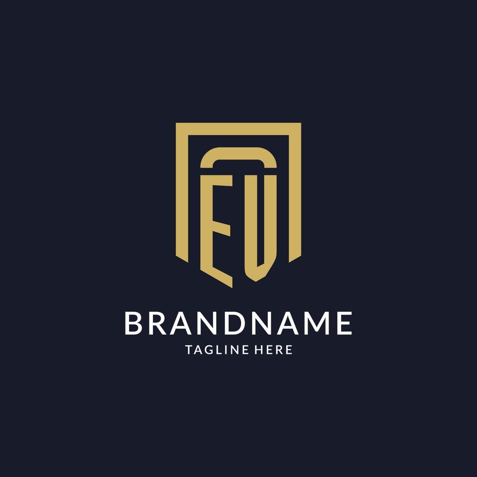 EV logo initial with geometric shield shape design style vector