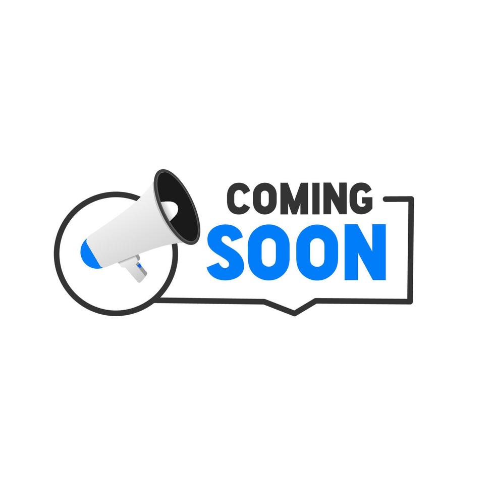 Coming soon banner design, megaphone badge icon. Vector illustration on white background.