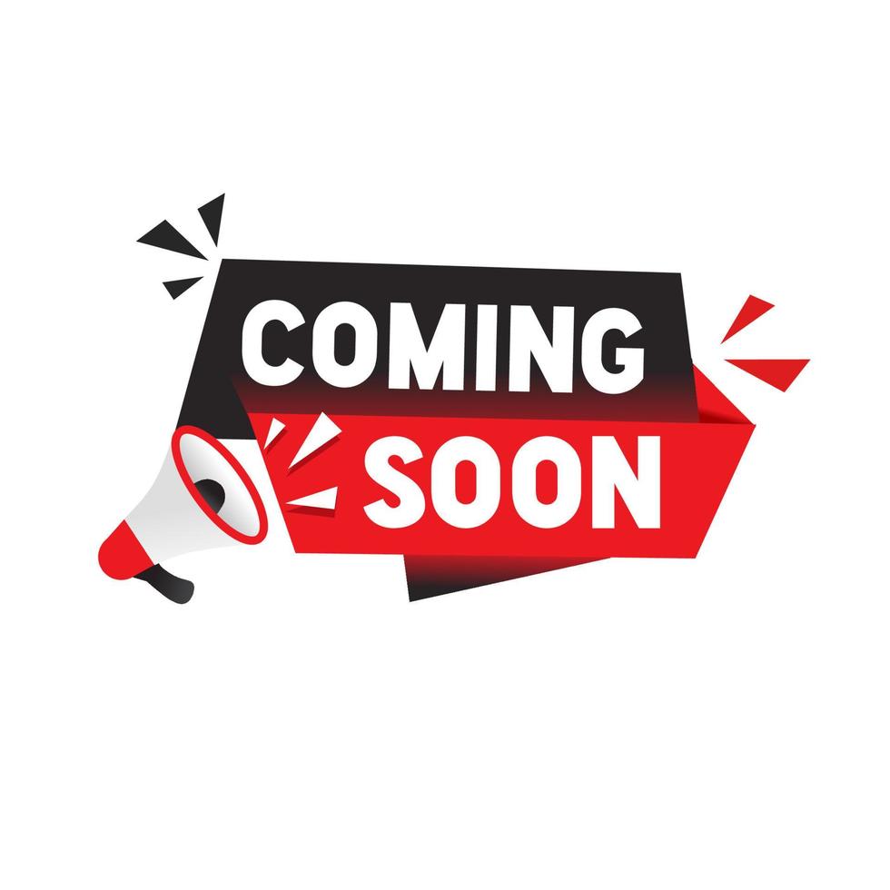 Coming soon banner, design icon megaphone. Flat style vector illustration isolated on white background.