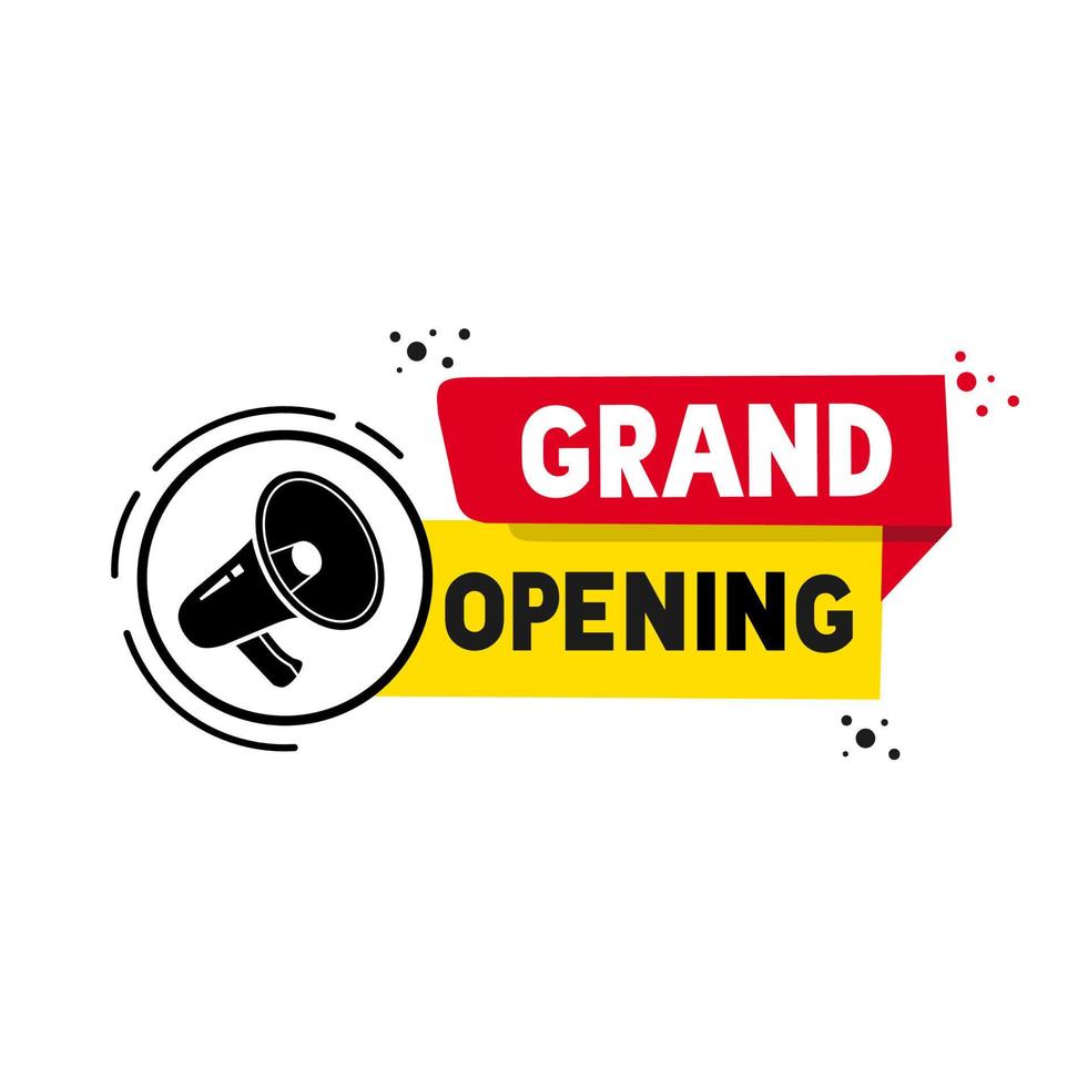 Grand opening banner design, megaphone icon. Vector template on white background.