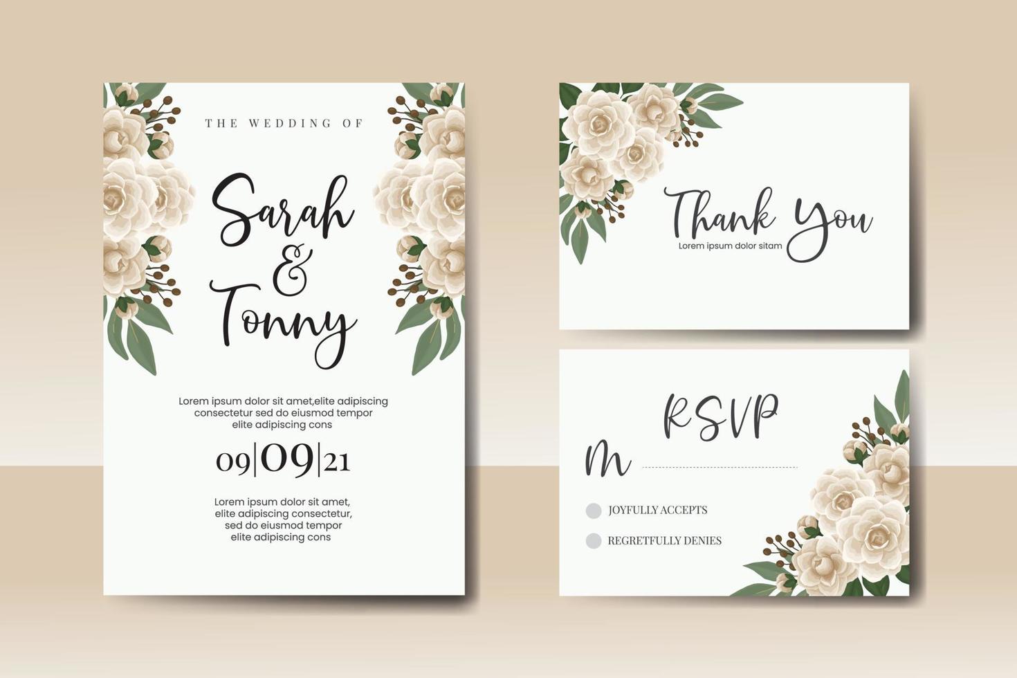 Wedding invitation frame set, floral watercolor Digital hand drawn Camellia flower design Invitation Card Template vector