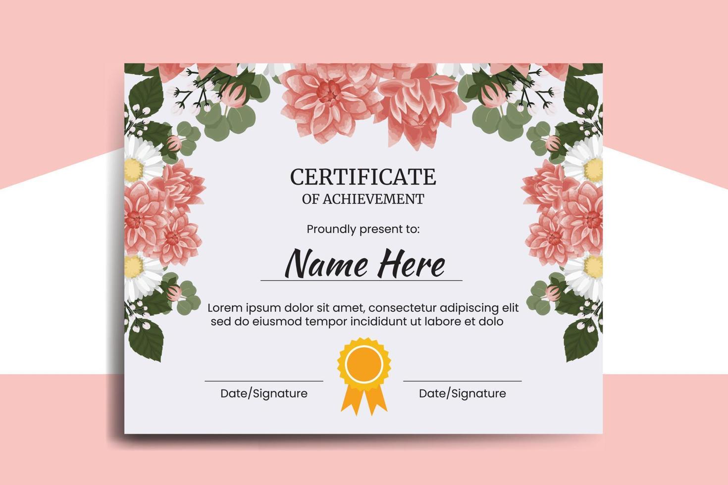 Certificate Template Dahlia Flower watercolor Digital hand drawn vector