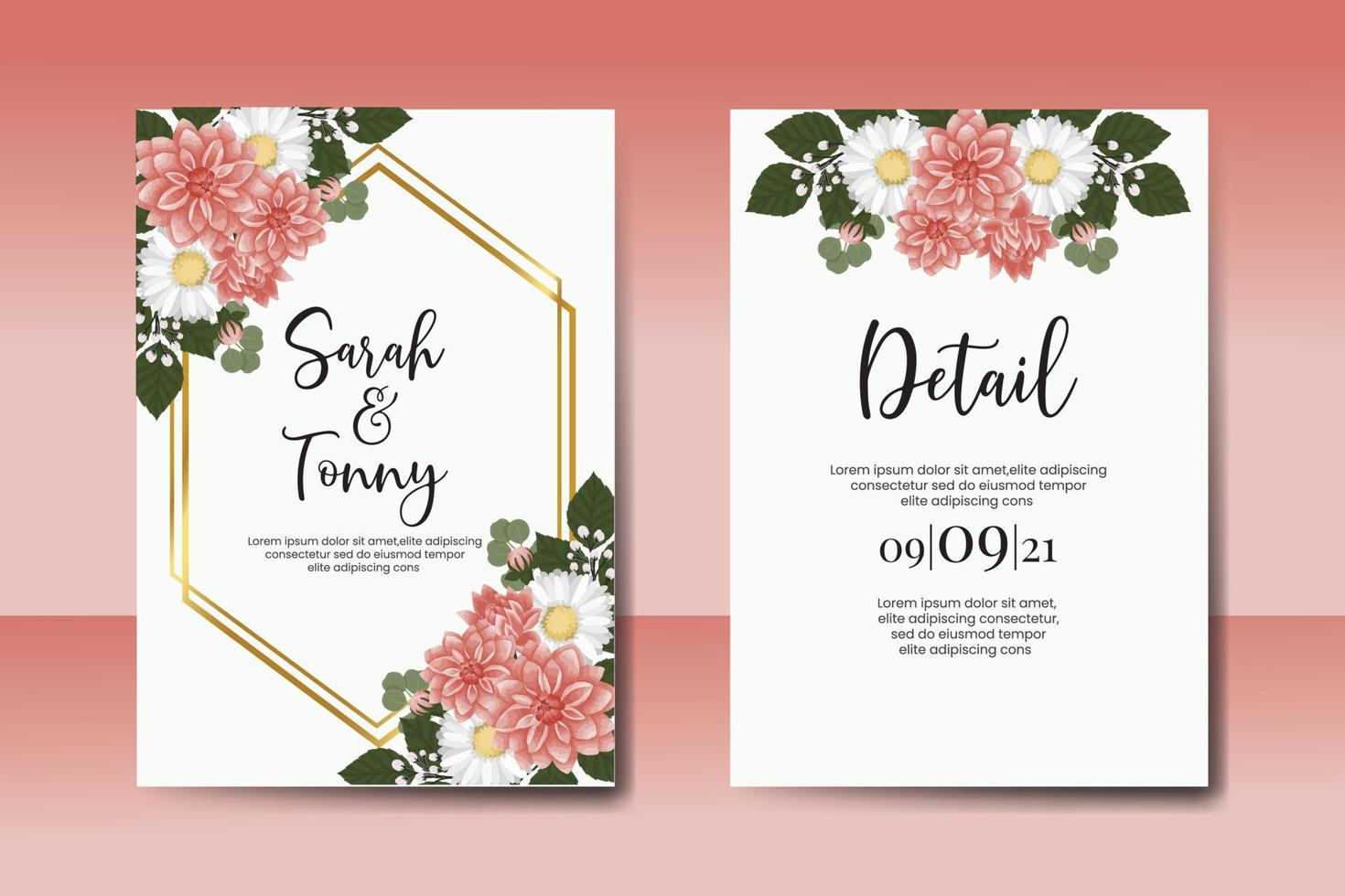 Wedding invitation frame set, floral watercolor Digital hand drawn Dahlia Flower design Invitation Card Template vector