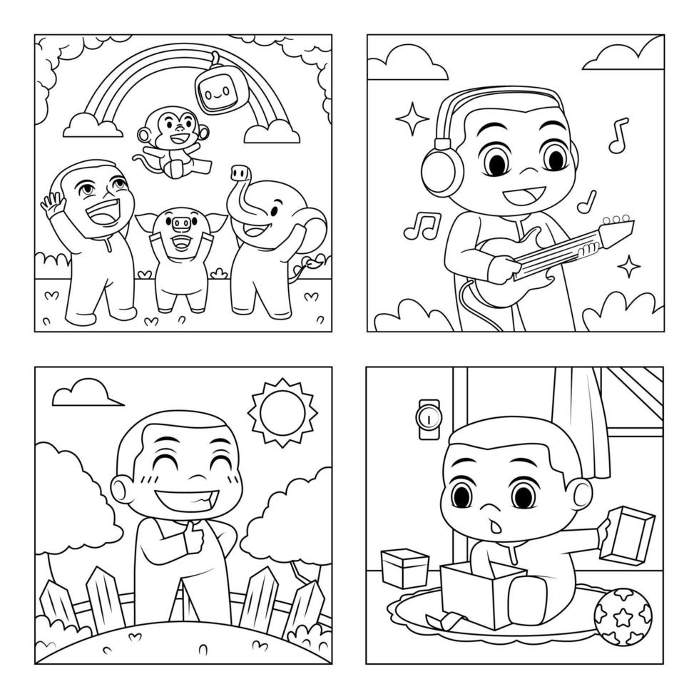 Baby Boy Playing with His Animal Friends Children Coloring Book vector