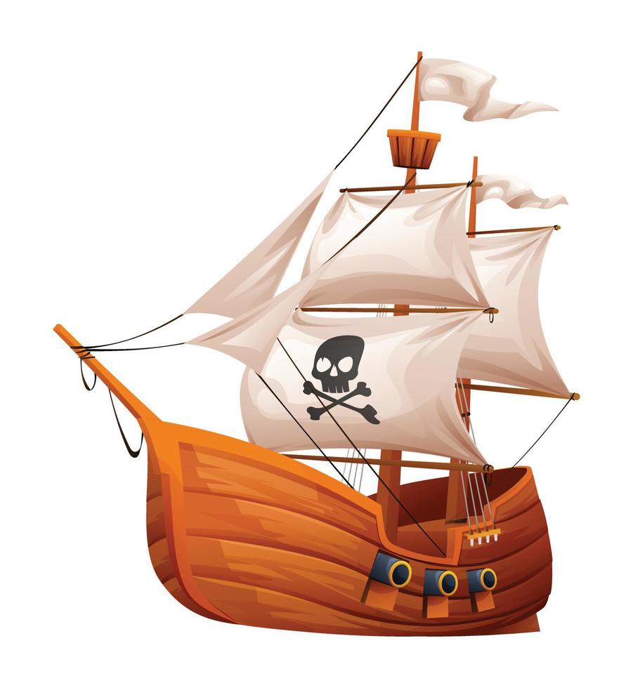 Wooden pirate ship with white sails and skull vector illustration isolated on white background