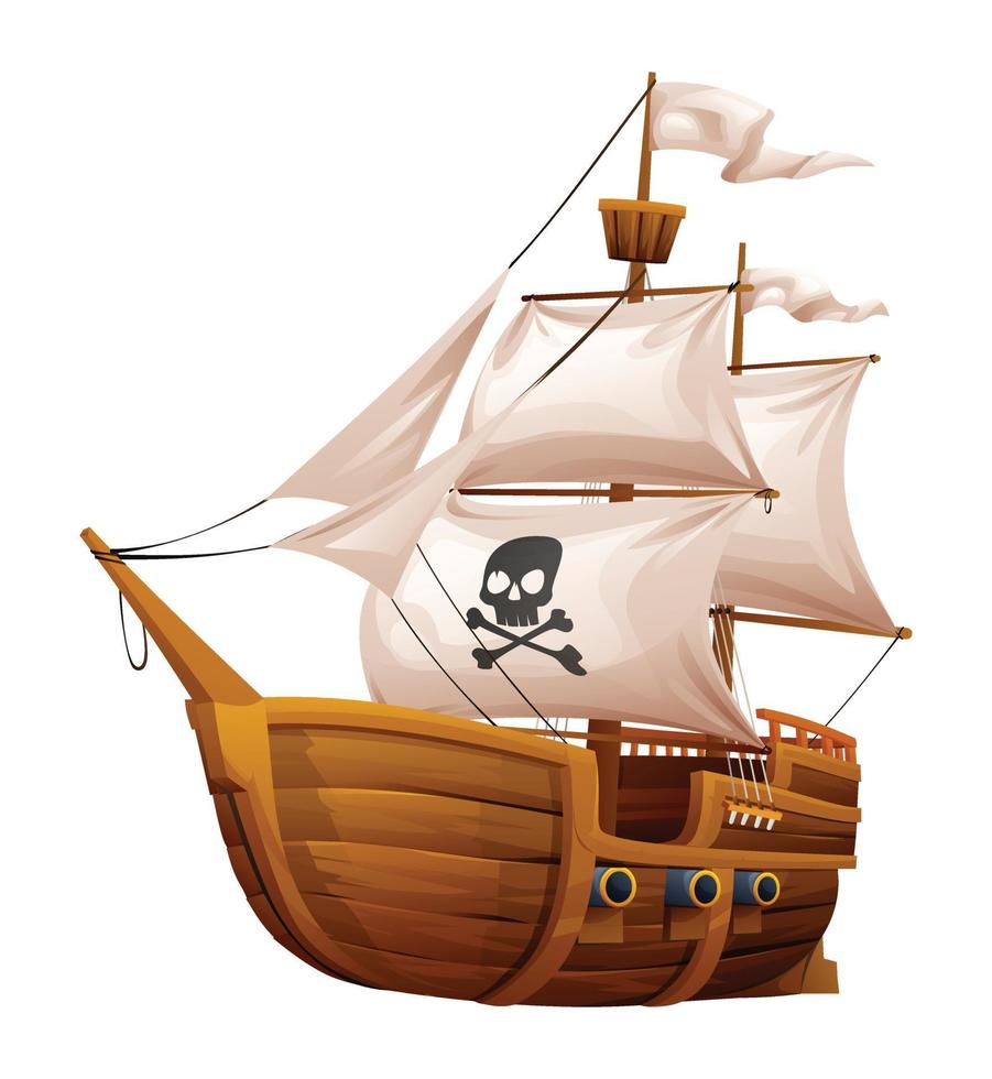 Wooden pirate ship with white sails cartoon illustration isolated on white background vector