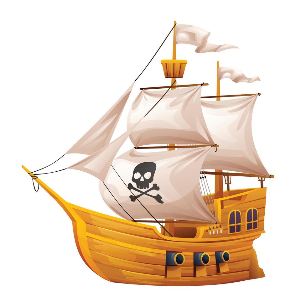 Pirate ship with white sails vector illustration isolated on white background