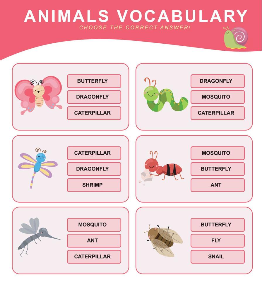 Choose the correct answer. Animals vocabulary. Worksheet for preschool. Words test educational game for children. Vector file.