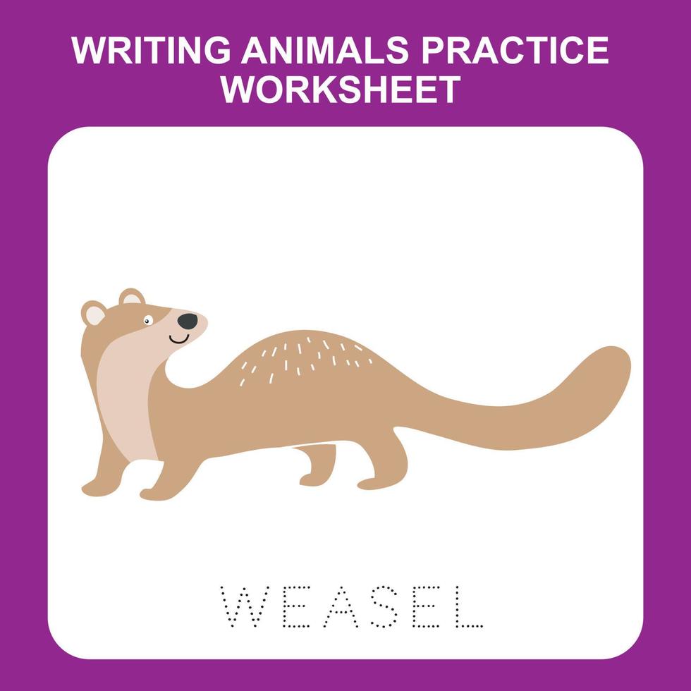 Illustration of writing animals practice worksheet. Educational printable worksheet. Exercises lettering game for kids. Vector illustration