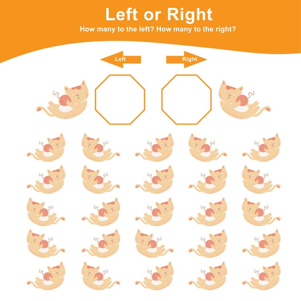 Left or Right Game for Preschool Children. Worksheet activity for preschool kids. Education math printable worksheet to counting how many are left and right. Vector illustration.