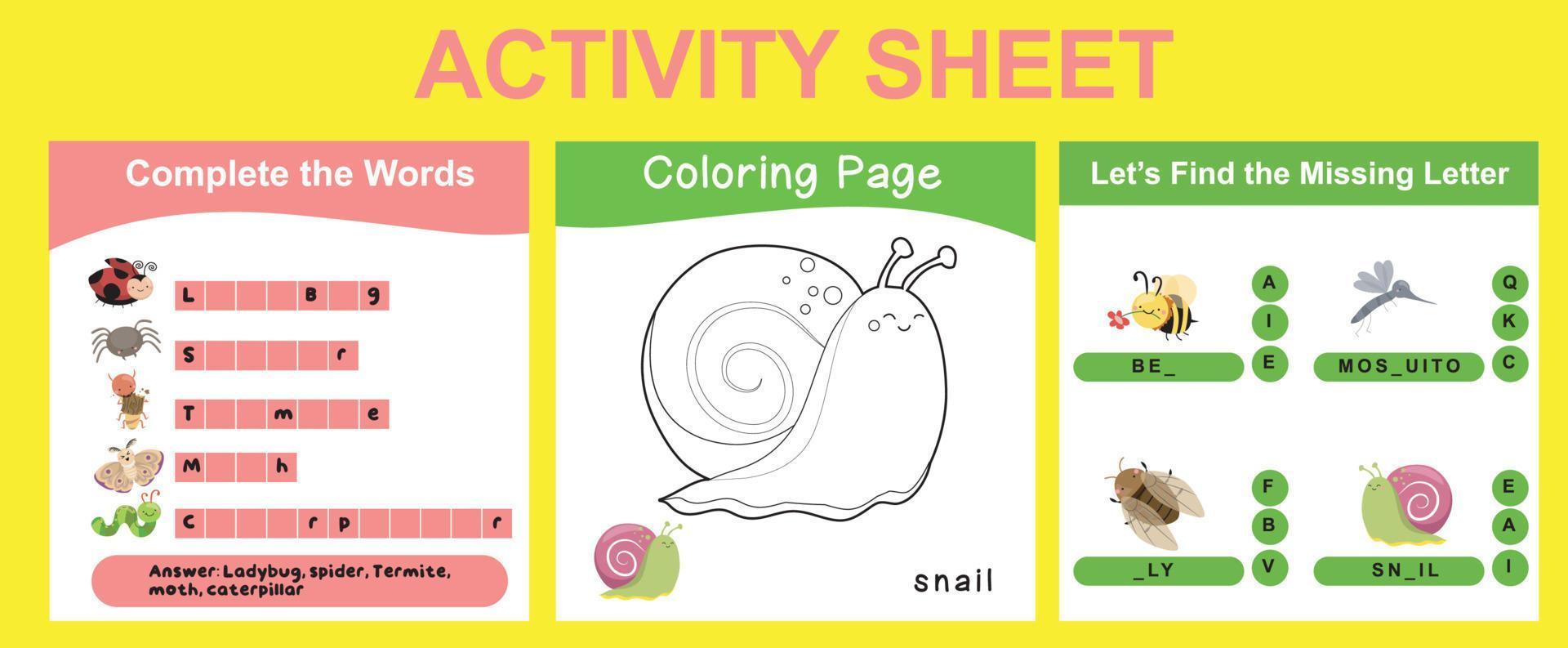 3 in 1 Activity sheet for children. Educational printable worksheet. Vector illustrations.