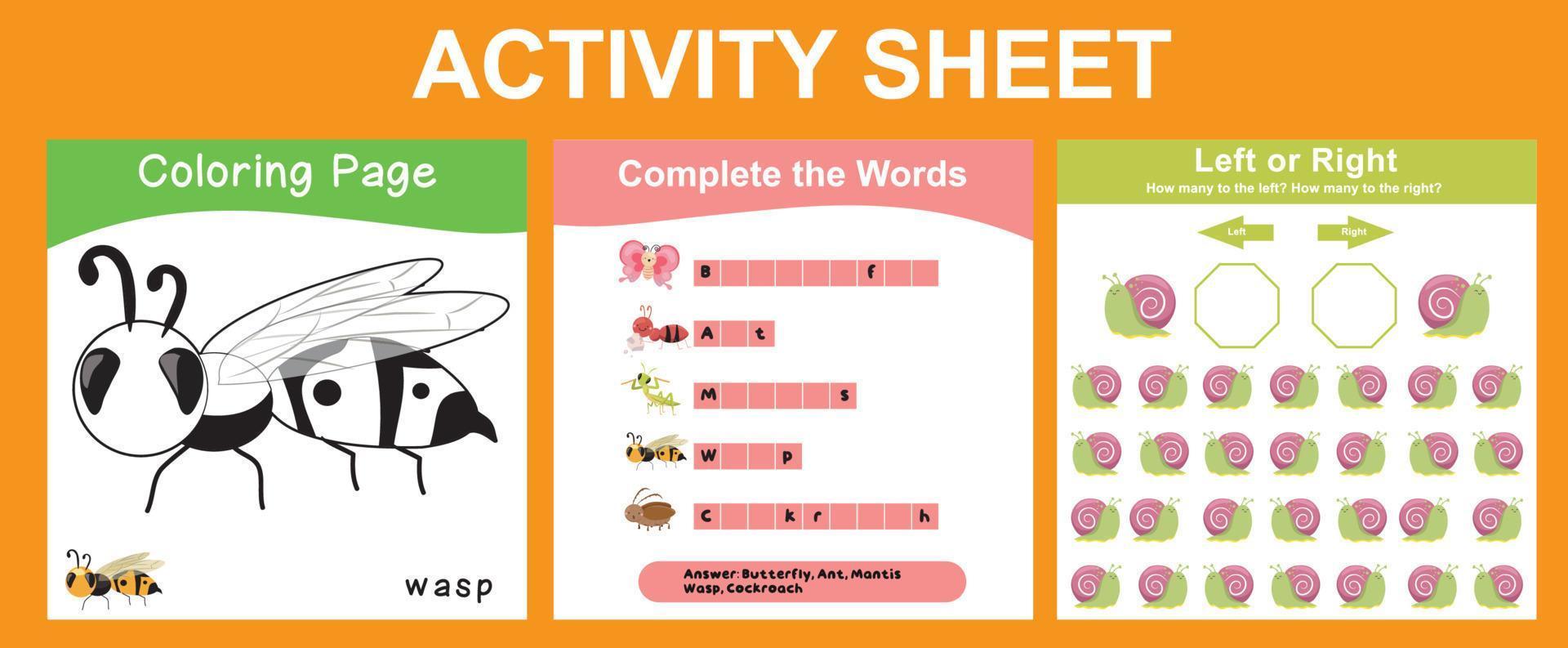 3 in 1 Activity sheet for children. Educational printable worksheet. Vector illustrations.