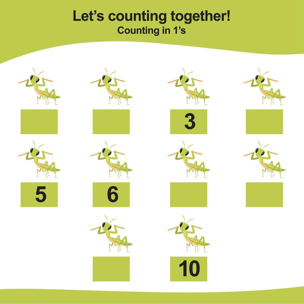 Counting game for children. Count multiples of one. Printable mathematic worksheet for children. Educational printable worksheet. Vector illustration.