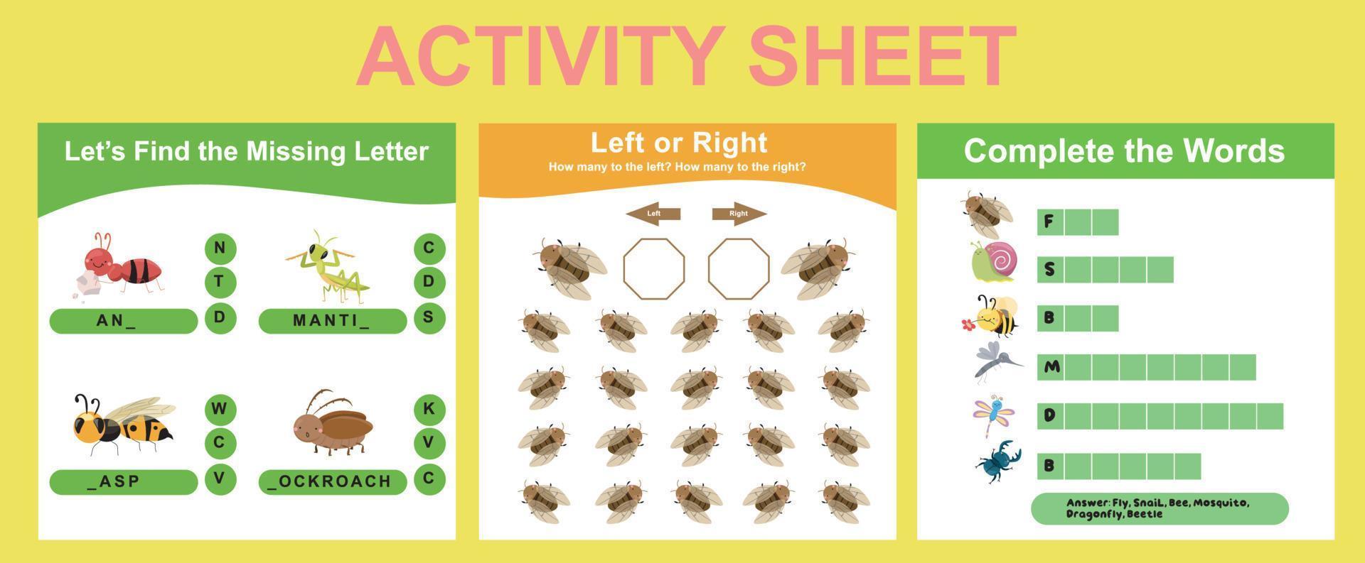 3 in 1 Activity sheet for children. Educational printable worksheet. Vector illustrations.