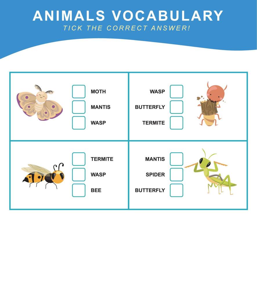 escoger el correcto respuesta. animales vocabulario. hoja de cálculo para preescolar. palabras prueba educativo juego para niños. vector archivo.