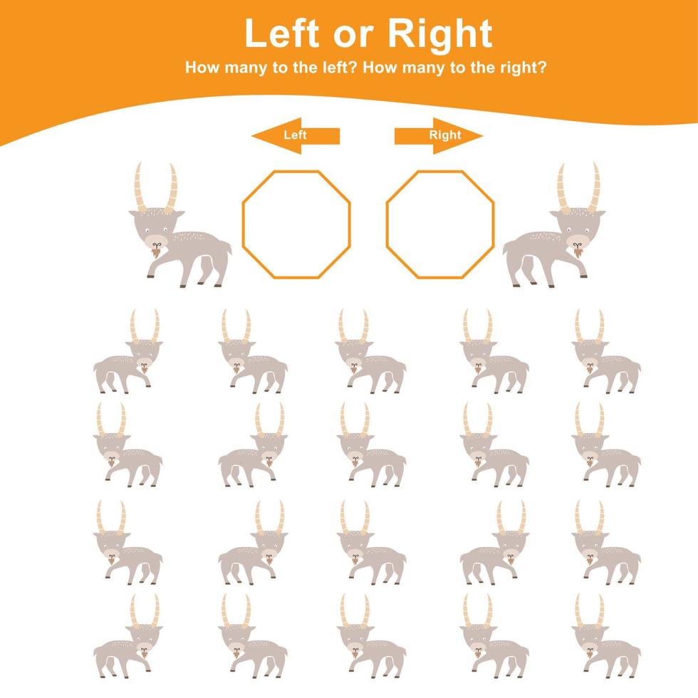 Left or Right Game for Preschool Children. Worksheet activity for preschool kids. Education math printable worksheet to counting how many are left and right. Vector illustration.