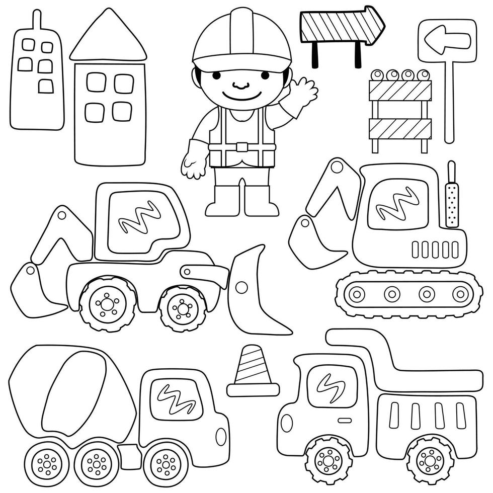 Coloring book or page of construction elements cartoon with a worker vector