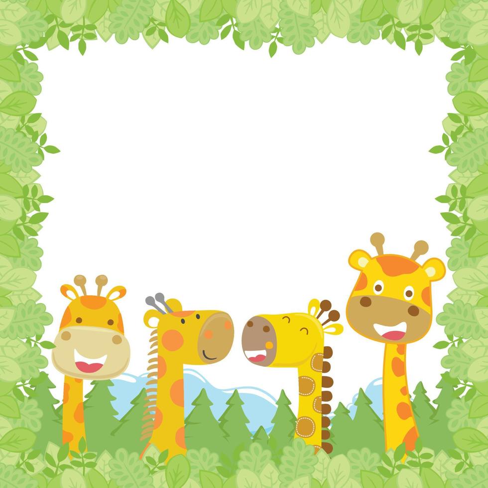Vector illustration, group of funny giraffe cartoon on leaves frame border