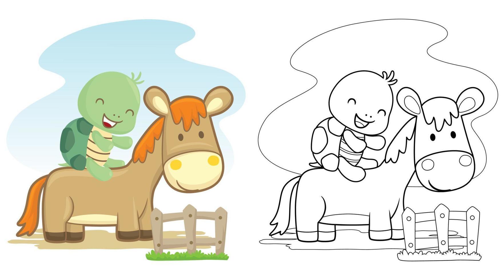 Vector illustration of funny animals cartoon. Turtle riding horse. Coloring book or page