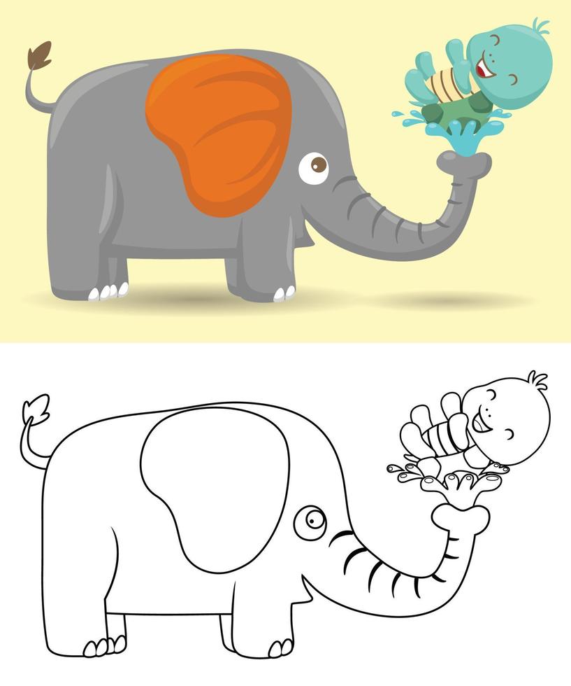 Vector illustration of cartoon elephant and turtle playing water, coloring book or page
