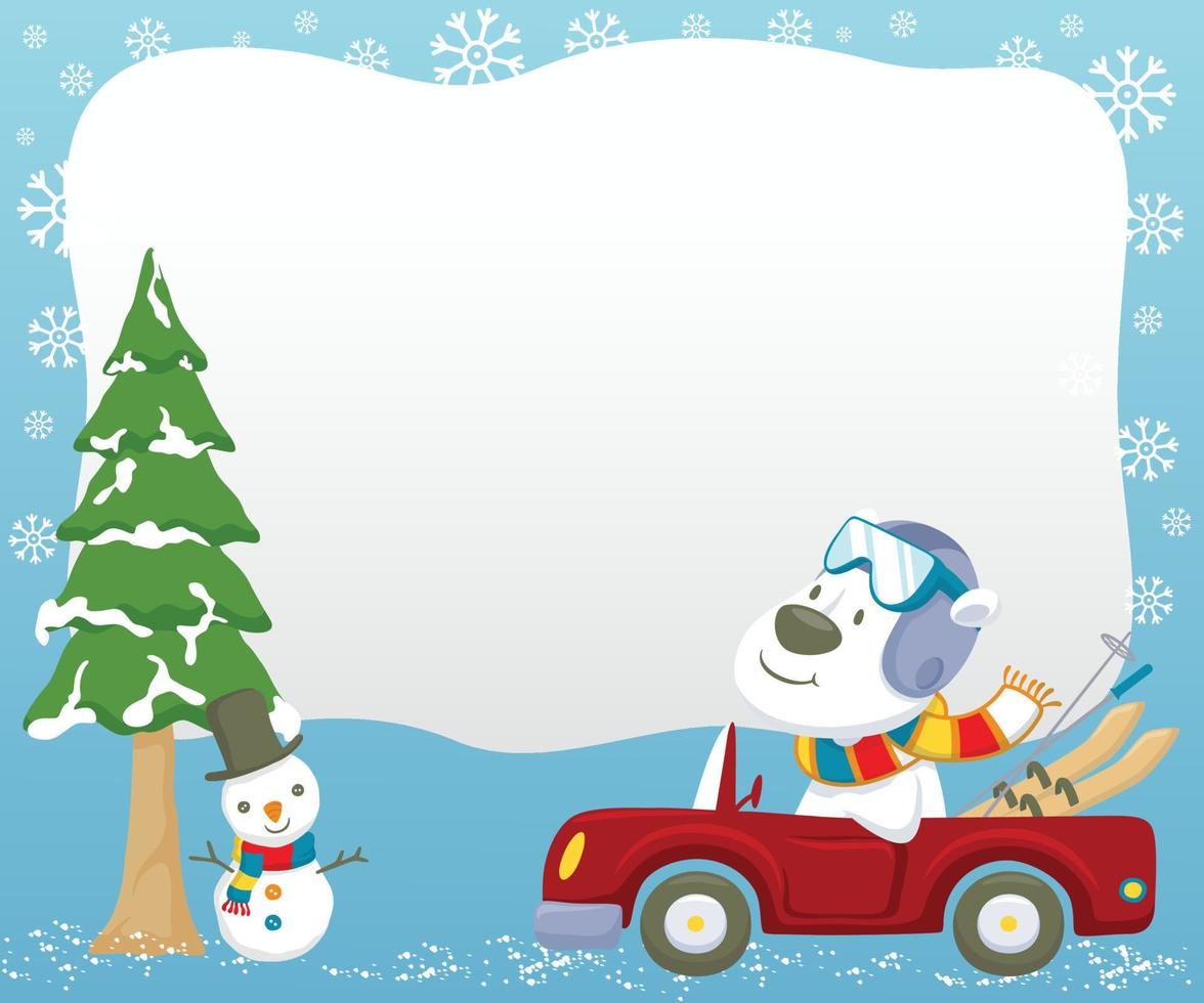 vector ilustración de dibujos animados polar oso en coche que lleva esquiar equipo a invierno, monigote de nieve debajo pino árbol, blanco firmar modelo
