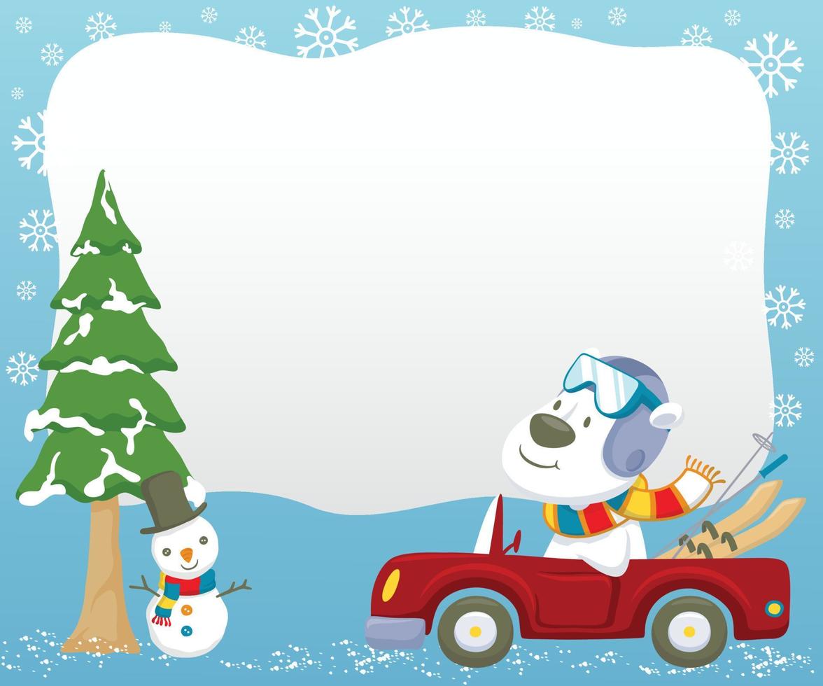 Vector illustration of cartoon polar bear on car carrying skiing equipment at winter, snowman under pine tree, blank sign template