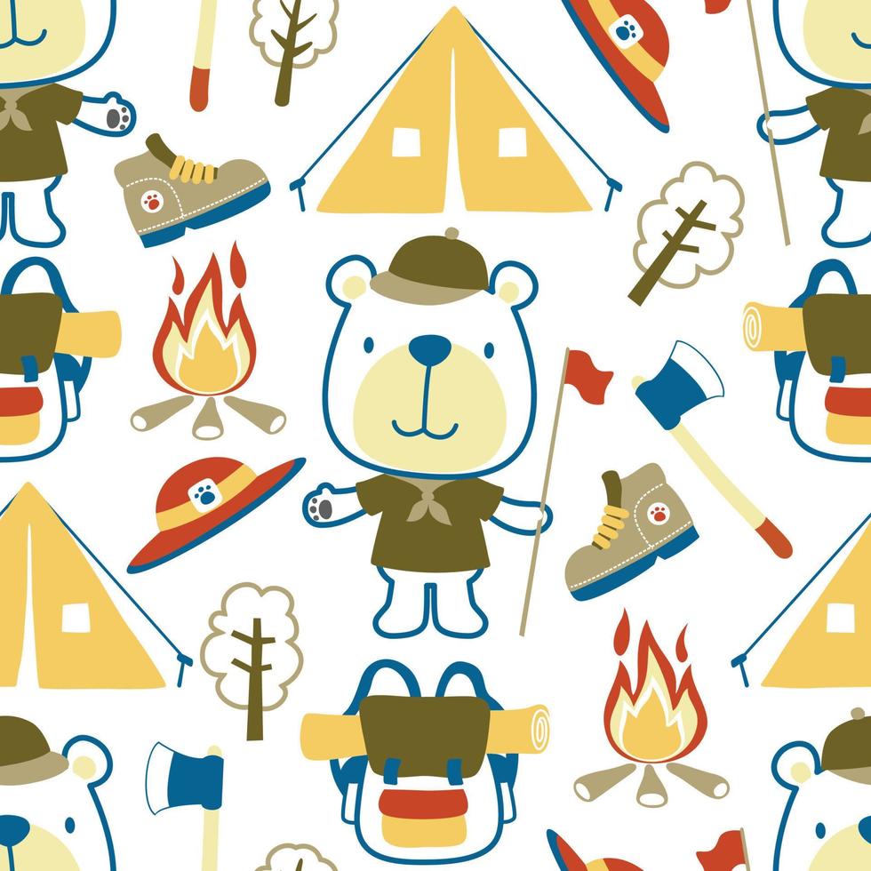 Seamless pattern vector of camping elements cartoon with cute bear in scout costume