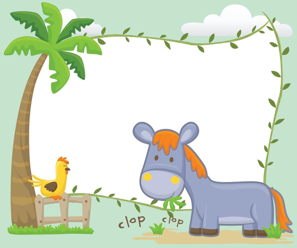 Vector illustration of cartoon donkey eating grass in garden with a chicken perch on fence under coconut tree, blank sign template