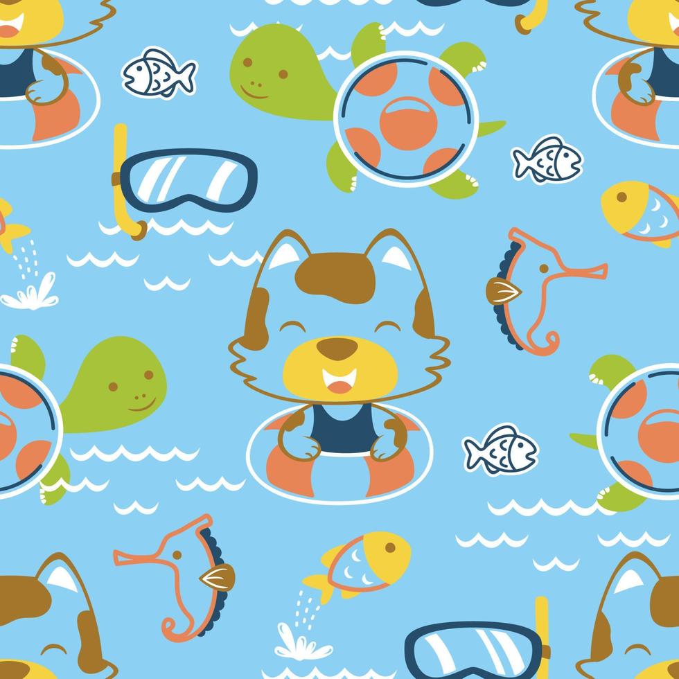Seamless pattern vector of cute cat with marine animals and diving goggles
