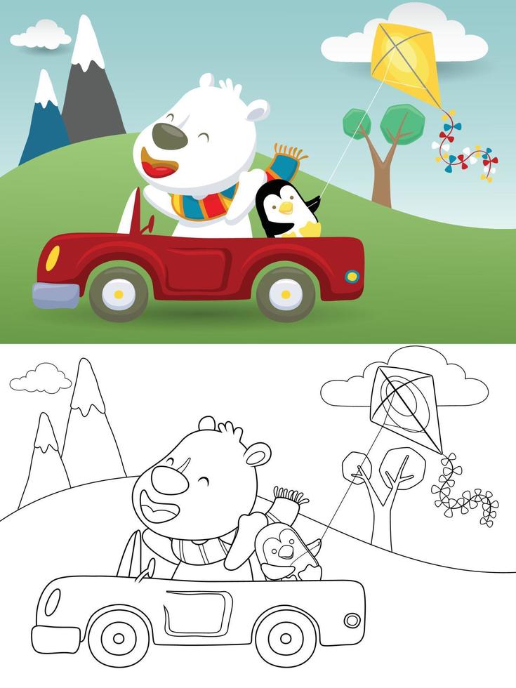 Vector illustration of funny polar bear on car with little penguin while playing kite on scene background. Coloring book or page