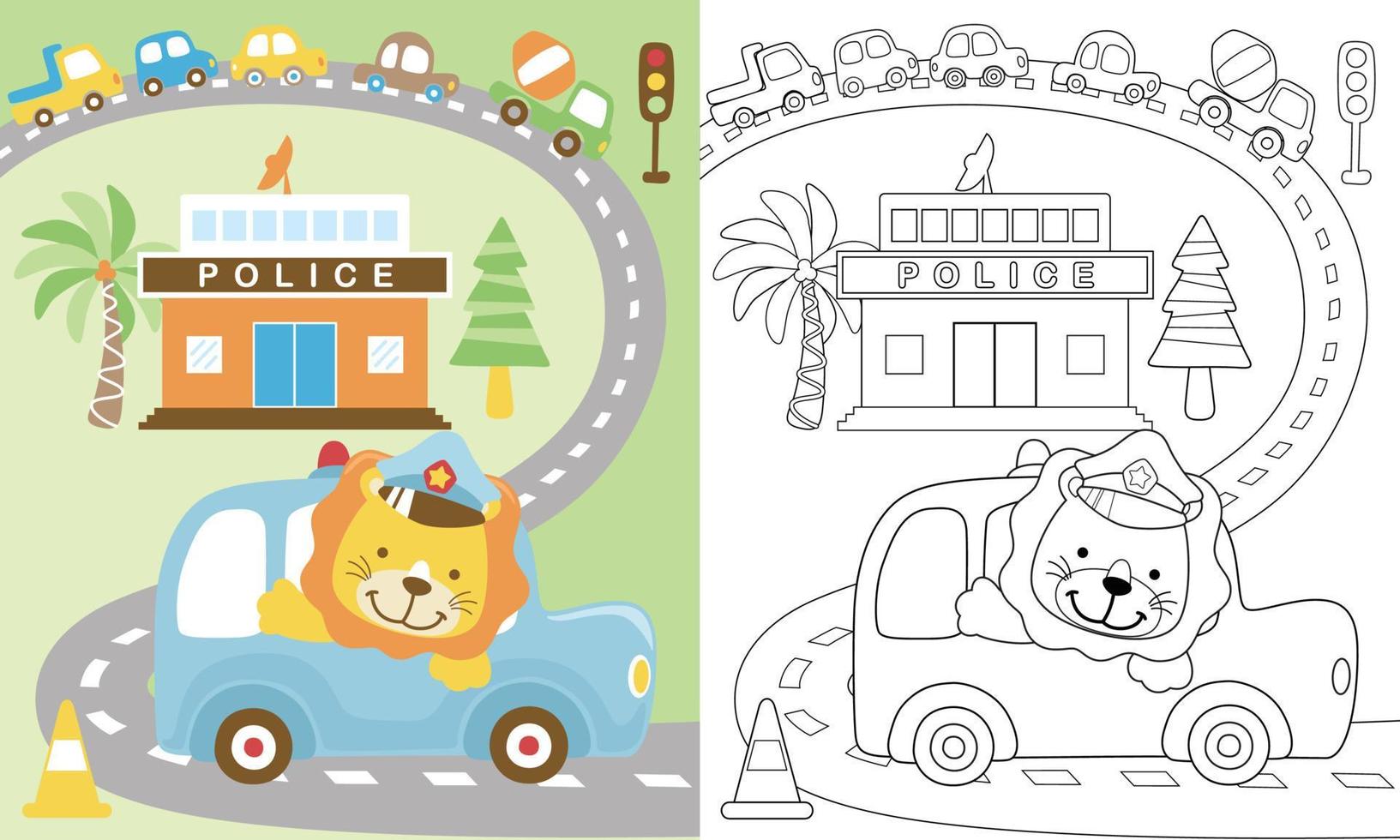 Vector cartoon of traffic elements, cute lion on car, police station. Coloring book or page