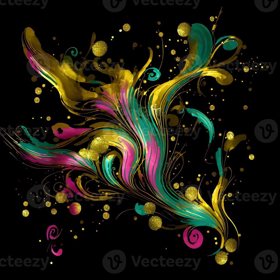 Abstract multicolor paint splash explosion on black background, Abstract swirling background, Watercolor glitter texture, photo