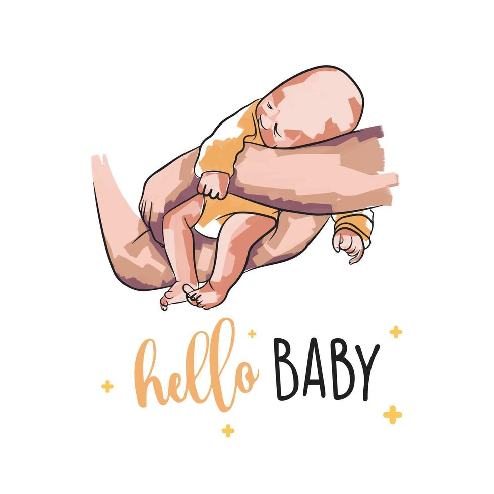 Newborn baby fell asleep in daddys arms, postcard with pastel strokes, hello baby vector