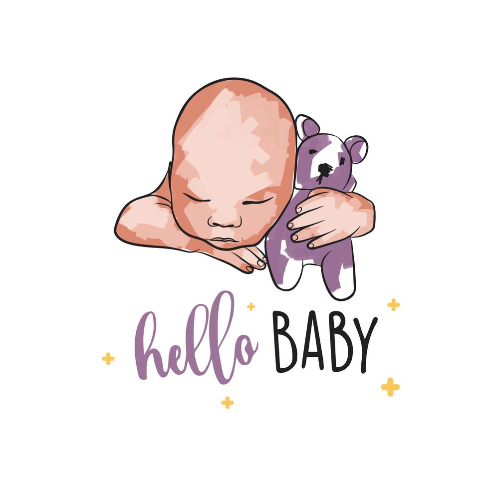 Modern newborn card, baby with toy, hello baby, in doodle style on white background vector