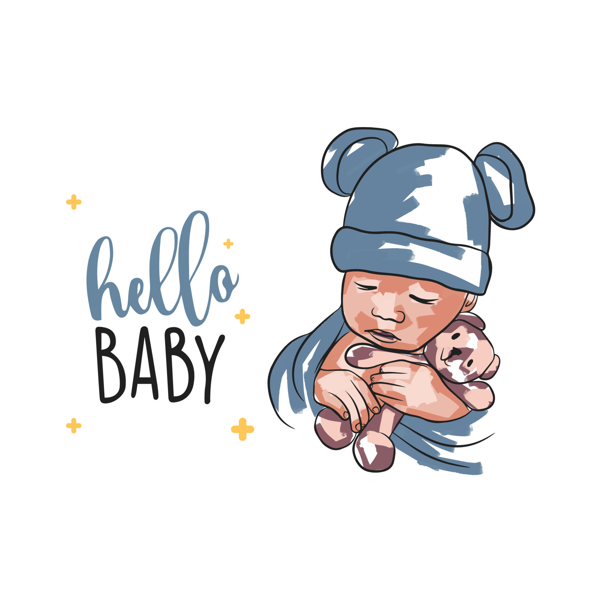 Baby card with baby, hello baby, hand lettering, baby in doodle vector