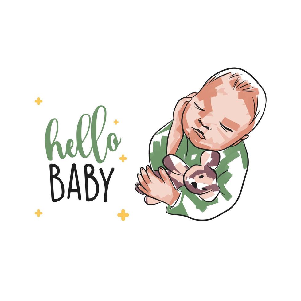 Beautiful newborn on a card with the inscription, hello baby, baby in doodle vector