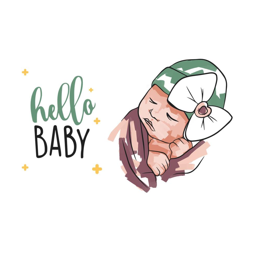 linda tarjeta con pequeño chica, recién nacido en garabatear estilo, Hola bebé, mano letras vector