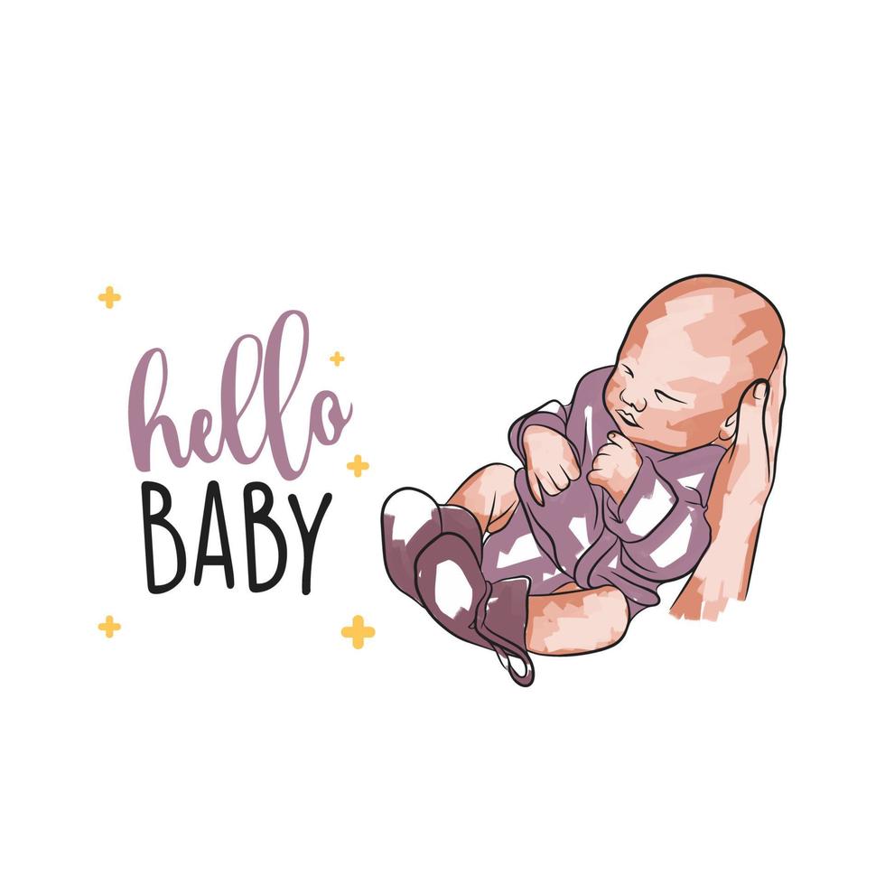 Baby in hands on a card with the inscription, newborn, hello baby, in the style of doodle vector