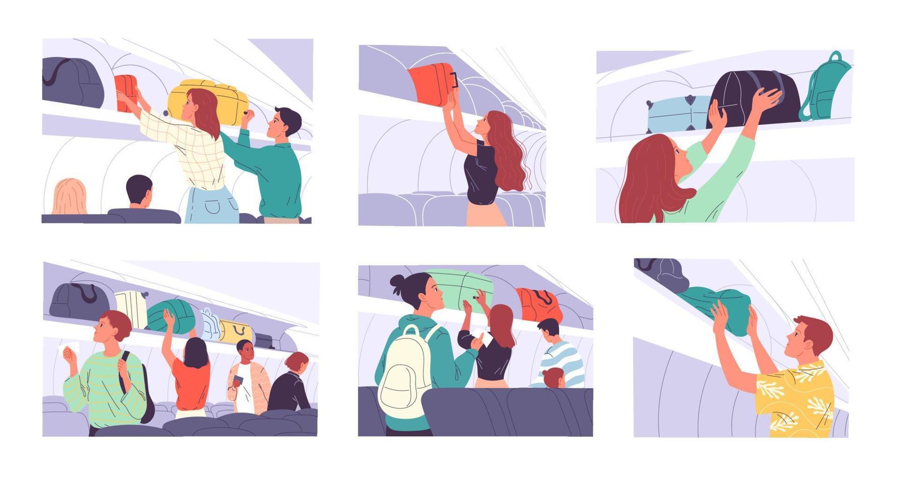 Passengers in the cabin prepare for the flight, take their seats, place their hand luggage. vector