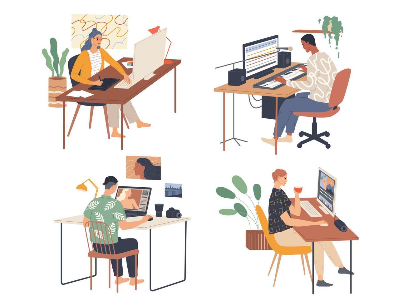 Creative people working in their workplaces passionate about work. vector