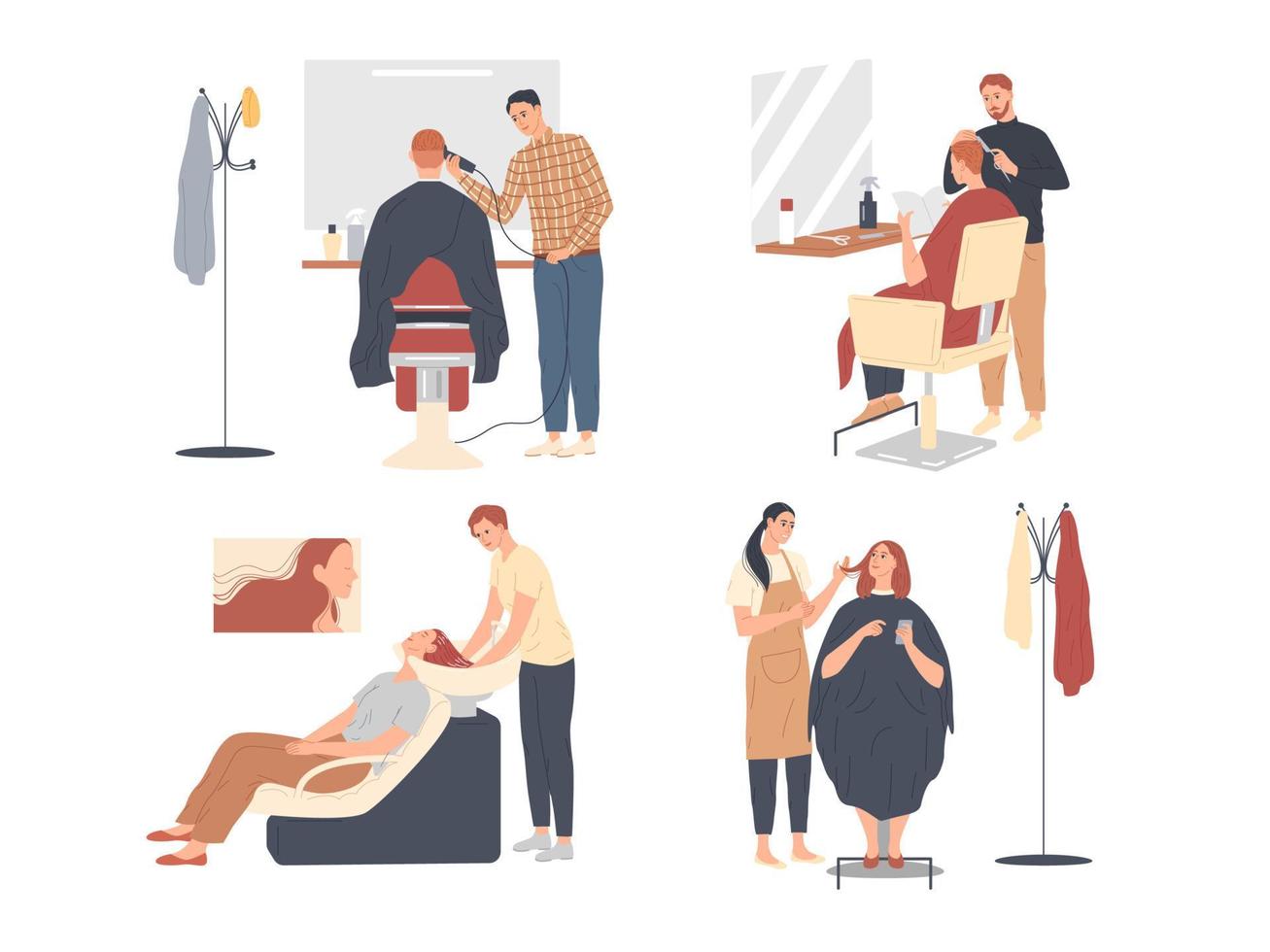 Customer service in the hairdressing salon. Men barbers and women stylists at work, they do haircuts vector