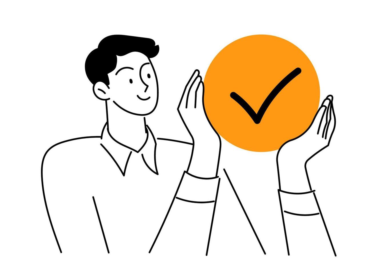 Man is holding a checkmark in his hand vector