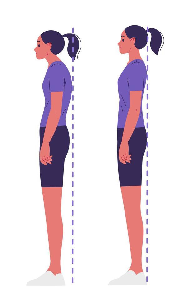 Girl stands with her back straight and slouching. Full-length profile vector
