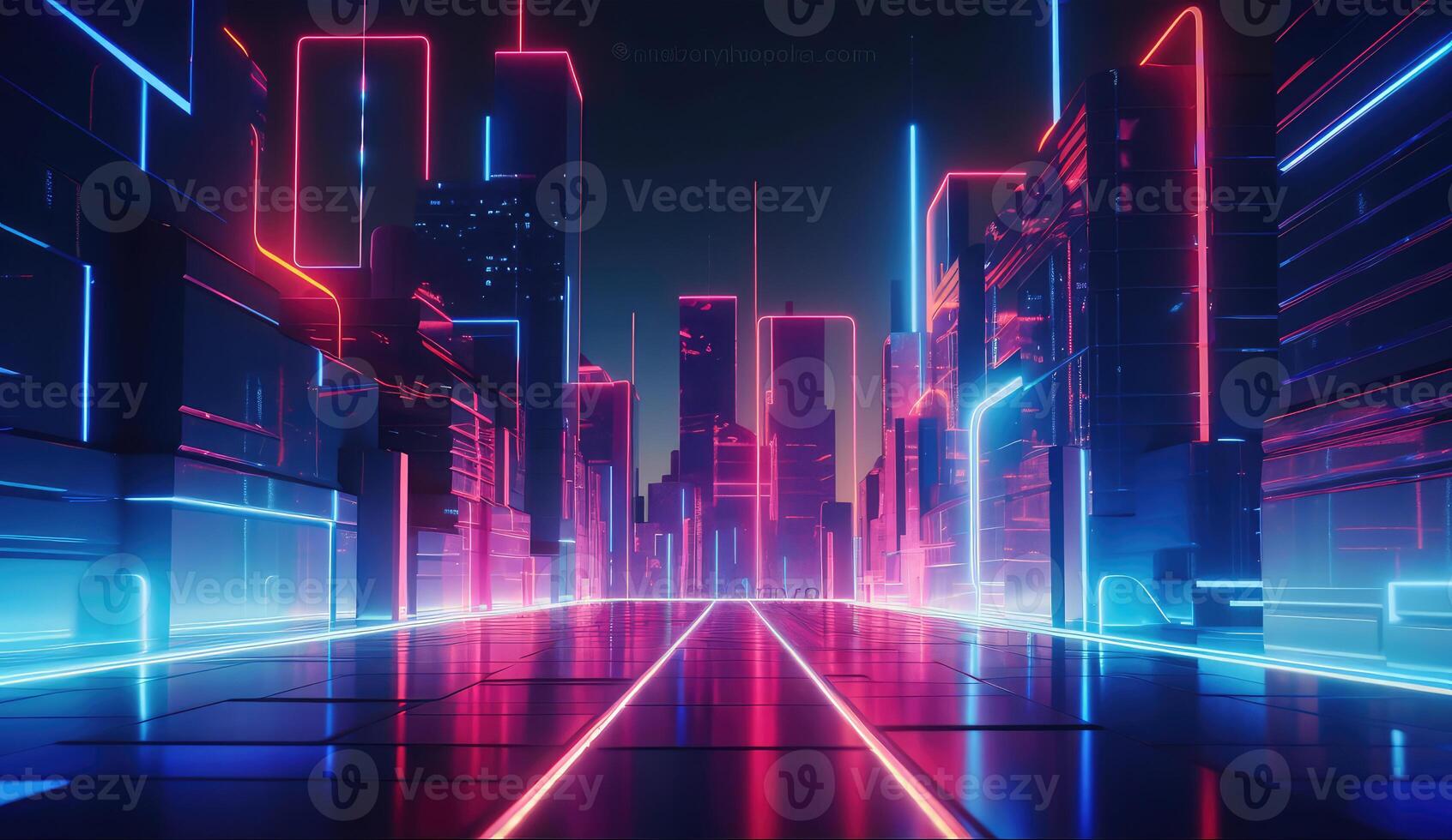 abstract concept of the urban street at night, red blue neon city, background with geometric