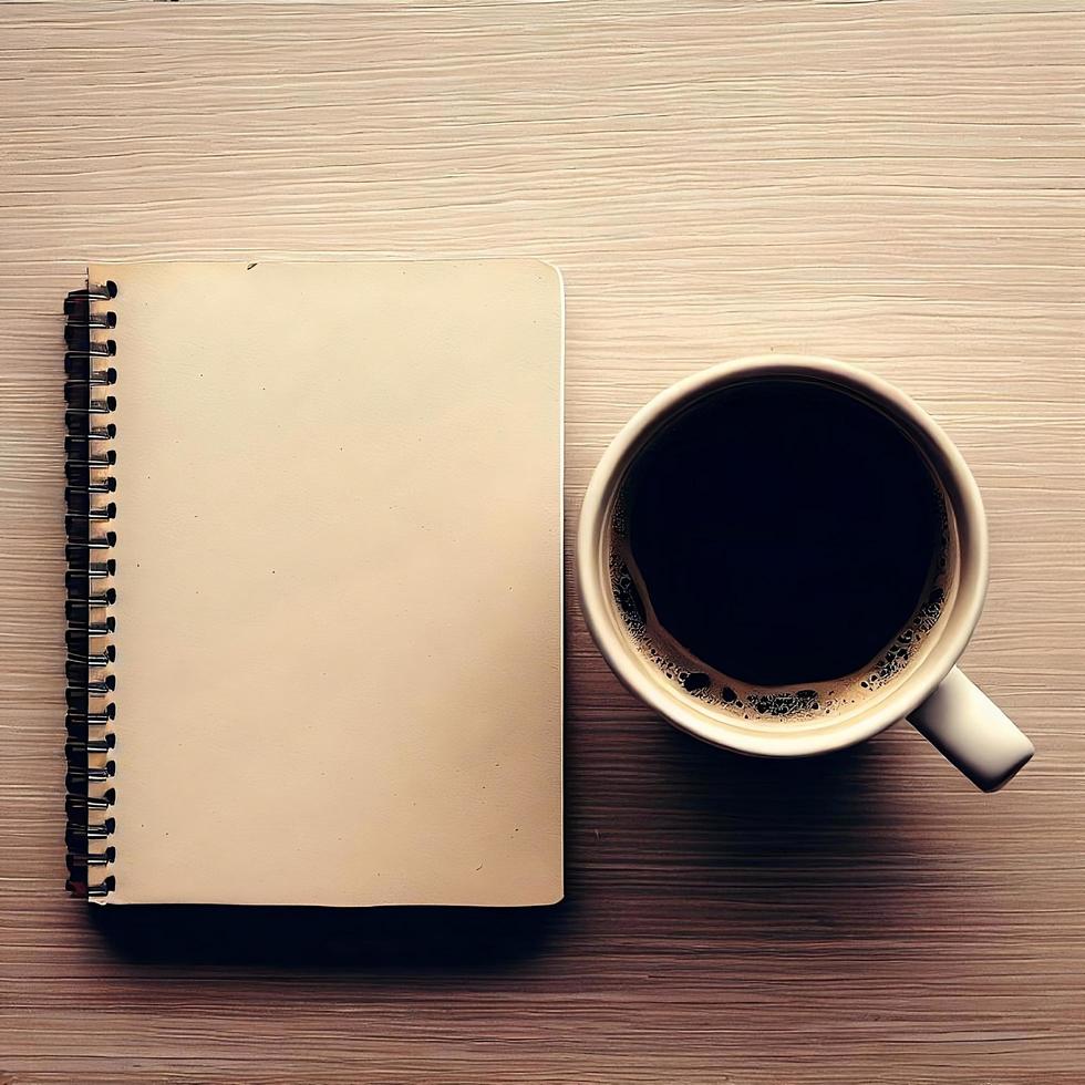 un cuaderno para reflejando terminado café y tranquilo tiempo, Mañana reflexiones todavía vida fotografía. foto