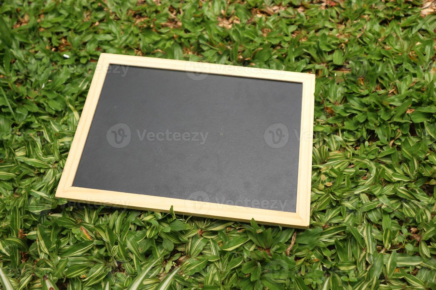 A small black blackboard with a wooden frame sits on the green grass. photo